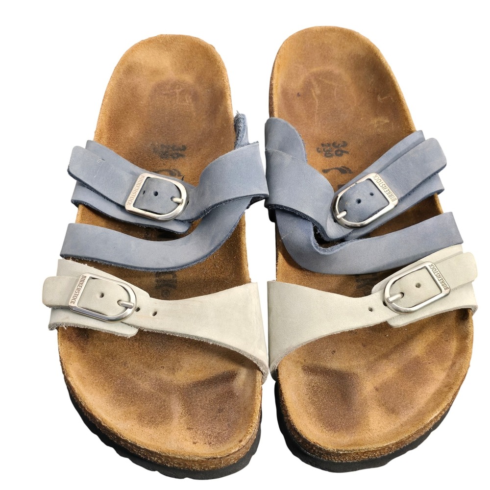 Birkenstock Franca Sandals Blue White Leather Buckle Slide Womens 36 EU 5 US - Picture 4 of 16